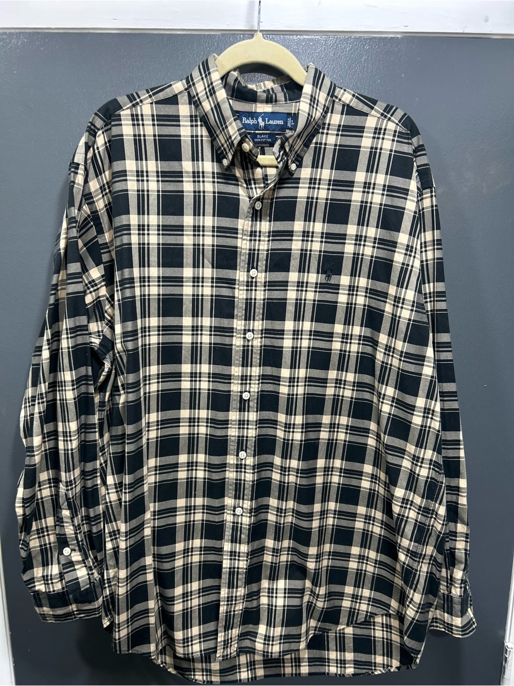 Ralph Lauren Black & Cream Plaid Blake Style Button-Down Shirt EUC Size LG